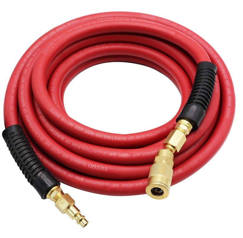 YOTOO Heavy Duty Rubber Air Hose 3/8-Inch by 25-Feet 300 PSI with 1/4" Industrial Swivel Solid Brass Quick Coupler, Plug and Bend Restrictors, Red - Image 1
